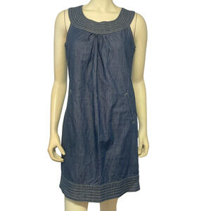 Axcess Sz S Denim Shift Dress Contrast Stitched Yoke & Hem Sleeveless Blue Retro